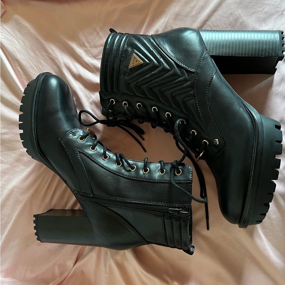 Black Guess leather combat boots
